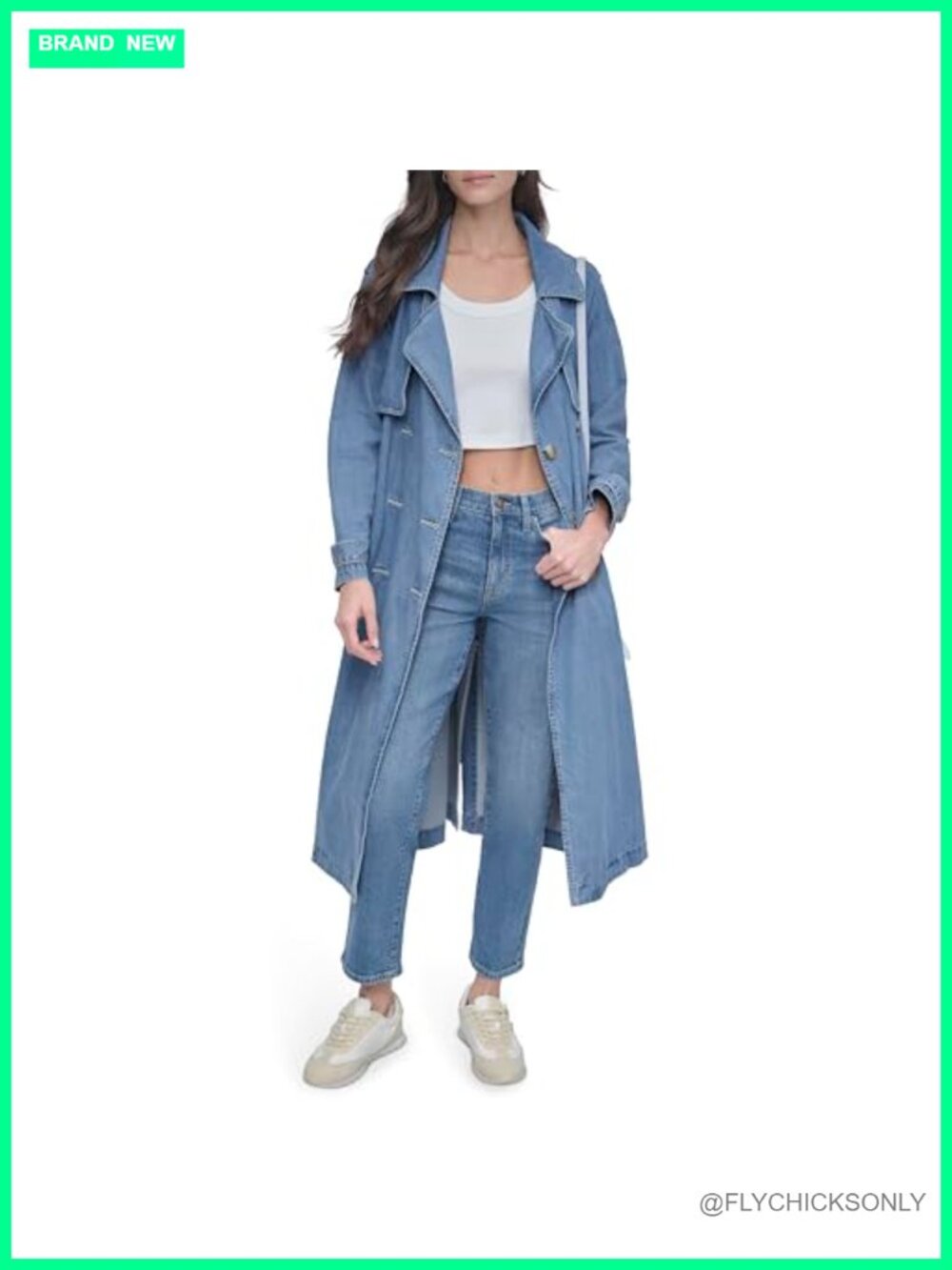 DKNY Storm Flap Denim Trench Coat Notch Collar Long Sleeve Women's Outerwear